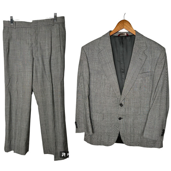 Botany 500 Mens 42R 2 Piece Suit Jacket Wool Blazer Dress Pant 32x30 Plaid Gray - Picture 2 of 14